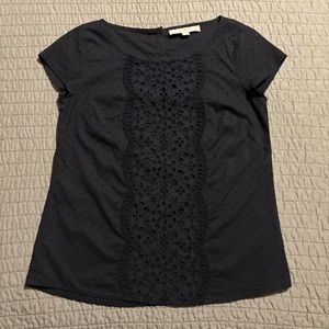 LOFT Navy Clip Dot Lace Front Cap Sleeve Top, EUC